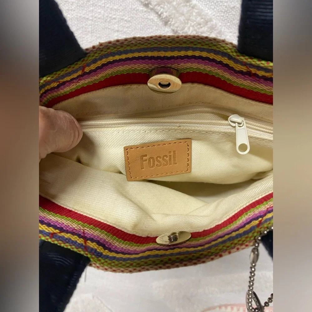 Striped Red and Multicolor Tote Bag Fossil Fabric